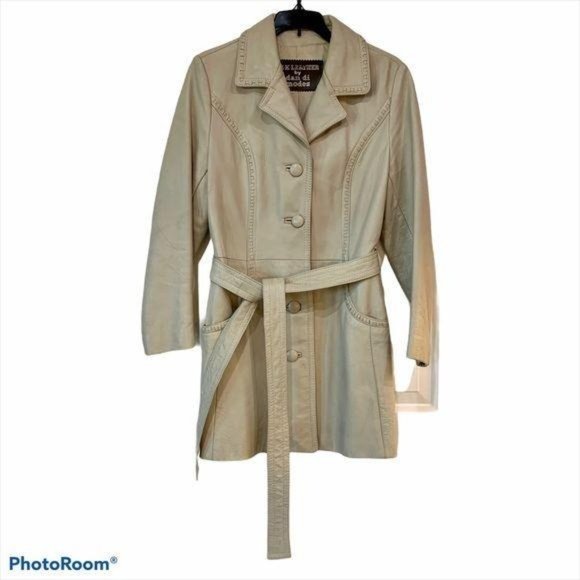 Vintage Leather Trench Coat Cream size L 14 - Picture 1 of 16